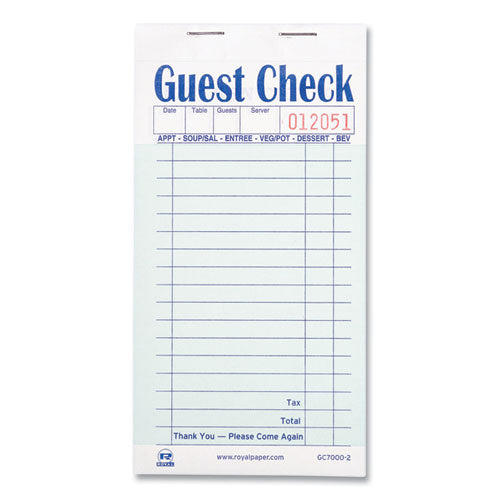 Image of AmerCareRoyal® Guest Check Pad, 17 Lines, Two-Part Carbonless, 3.6 x 6.7, 50 Forms/Pad, 50 Pads/Carton