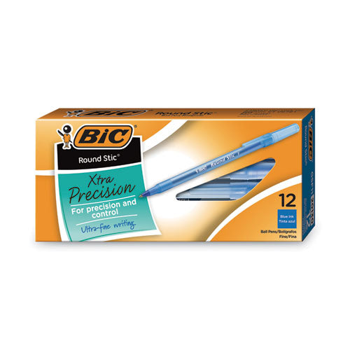 Image of BIC® Round Stic Xtra Precision Ballpoint Pen, Stick, Fine 0.8 Mm, Blue Ink, Translucent Blue Barrel, Dozen