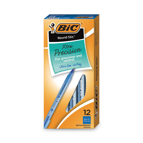 Image of BIC® Round Stic Xtra Precision Ballpoint Pen, Stick, Fine 0.8 Mm, Blue Ink, Translucent Blue Barrel, Dozen