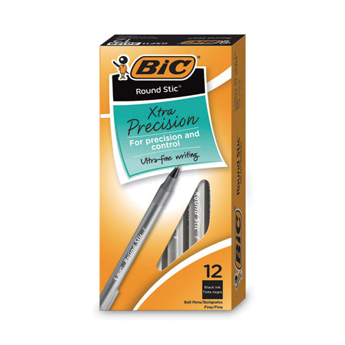 Image of BIC® Round Stic Xtra Precision Ballpoint Pen, Stick, Fine 0.8 Mm, Black Ink, Smoke Barrel, Dozen