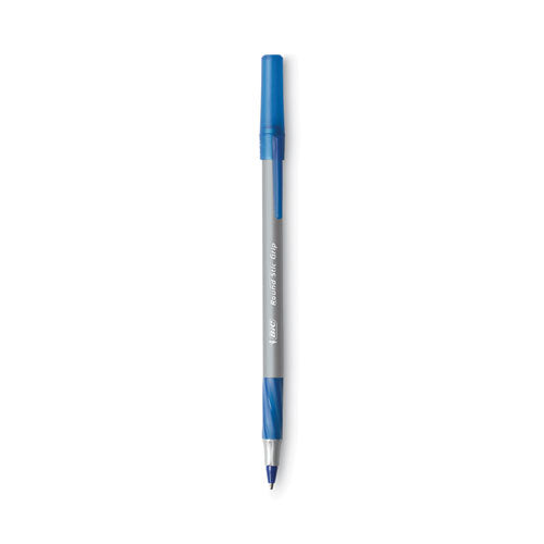 Image of BIC® Round Stic Grip Xtra Comfort Ballpoint Pen, Stick, Fine 0.8 Mm, Blue Ink, Gray/blue Barrel, Dozen