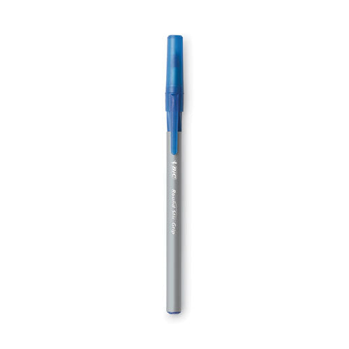 Image of BIC® Round Stic Grip Xtra Comfort Ballpoint Pen, Stick, Fine 0.8 Mm, Blue Ink, Gray/blue Barrel, Dozen