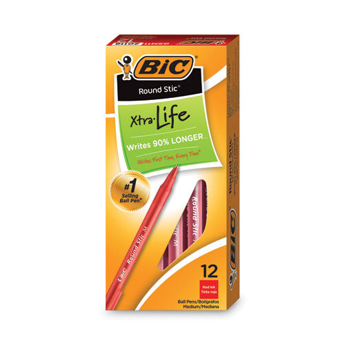 Image of BIC® Round Stic Xtra Life Ballpoint Pen, Stick, Medium 1 Mm, Red Ink, Translucent Red Barrel, Dozen