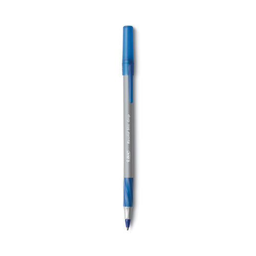 Image of BIC® Round Stic Grip Xtra Comfort Ballpoint Pen, Easy-Glide System, Stick, Medium 1.2 mm, Blue Ink, Gray/Blue Barrel, Dozen