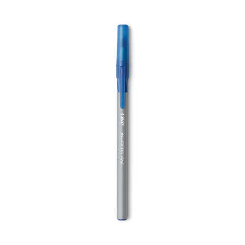 Image of BIC® Round Stic Grip Xtra Comfort Ballpoint Pen, Easy-Glide System, Stick, Medium 1.2 mm, Blue Ink, Gray/Blue Barrel, Dozen