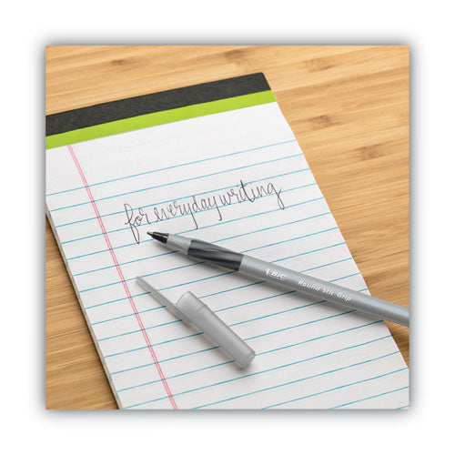 Image of BIC® Round Stic Grip Xtra Comfort Ballpoint Pen, Easy-Glide System, Stick, Medium 1.2 mm, Black Ink, Gray/Black Barrel, Dozen