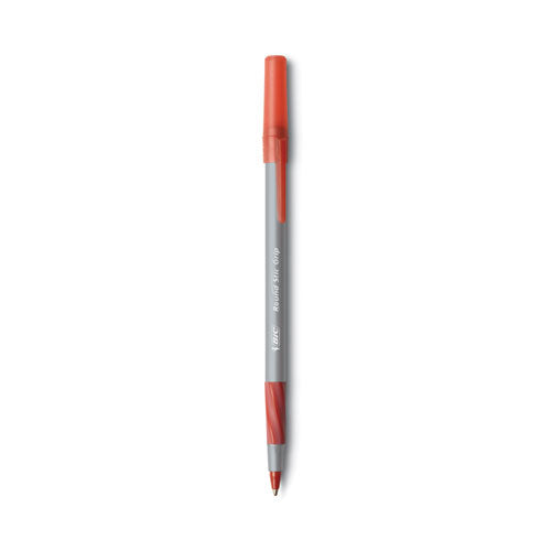 Image of BIC® Round Stic Grip Xtra Comfort Ballpoint Pen, Easy-Glide System, Stick, Medium 1.2 mm, Red Ink, Gray/Red Barrel, Dozen
