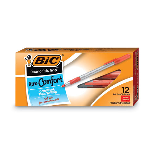 Image of BIC® Round Stic Grip Xtra Comfort Ballpoint Pen, Easy-Glide System, Stick, Medium 1.2 mm, Red Ink, Gray/Red Barrel, Dozen