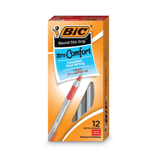 Image of BIC® Round Stic Grip Xtra Comfort Ballpoint Pen, Easy-Glide System, Stick, Medium 1.2 mm, Red Ink, Gray/Red Barrel, Dozen