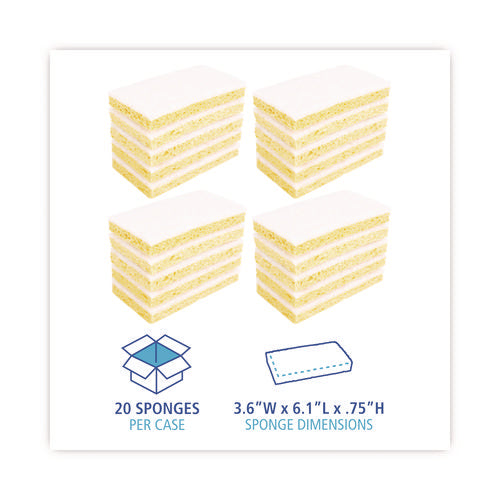 Image of Boardwalk® Light-Duty Scrubbing Sponge, Individually Wrapped, 3.6 x 6.1, 0.7" Thick, Yellow/White, 20/Carton
