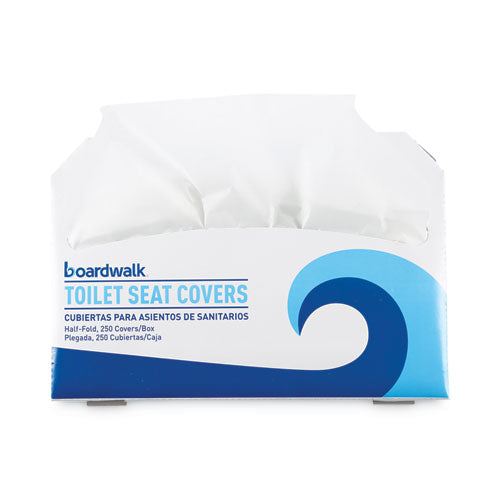 Image of Boardwalk® Premium Half-Fold Toilet Seat Covers, 14.17 x 16.73, White, 250 Covers/Sleeve, 10 Sleeves/Carton
