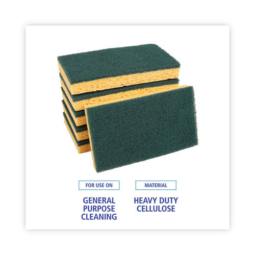 Image of Boardwalk® Medium-Duty Scrubbing Sponge, Individually Wrapped, 3.6 x 6.1, 0.75" Thick, Yellow/Green, 20/Carton