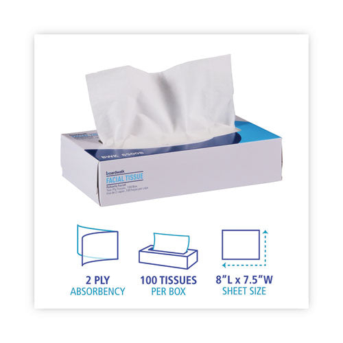 Image of Boardwalk® Office Packs Facial Tissue, 2-Ply, White, Flat Box, 100 Sheets/box, 30 Boxes/carton