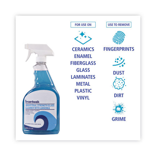 Image of Boardwalk® Industrial Strength Glass Cleaner with Ammonia, Unscented, 32 oz Trigger Spray Bottle, 12/Carton