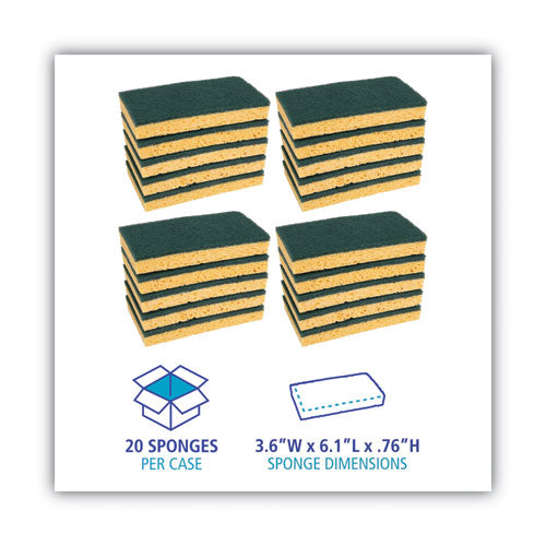 Image of Boardwalk® Medium-Duty Scrubbing Sponge, Individually Wrapped, 3.6 x 6.1, 0.75" Thick, Yellow/Green, 20/Carton