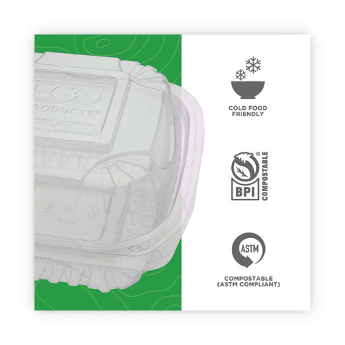 Image of Eco-Products® Renewable and Compostable Clear Clamshell Hinged Food Containers, 6 x 6 x 3, Plastic, 80/Pack, 3 Packs/Carton