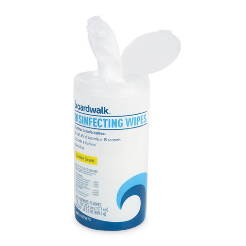 Image of Boardwalk® Quat-Based Disinfecting Wipes, 7 x 8, Lemon Scent, 75/Canister, 6 Canisters/Carton