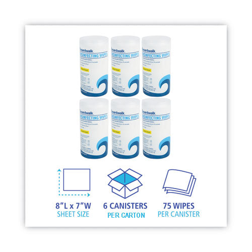Image of Boardwalk® Quat-Based Disinfecting Wipes, 7 x 8, Lemon Scent, 75/Canister, 6 Canisters/Carton