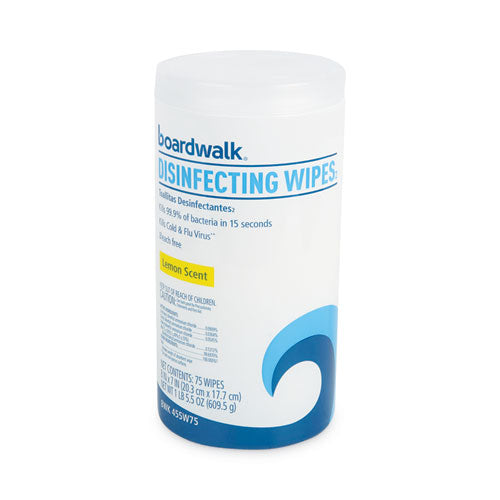 Image of Boardwalk® Quat-Based Disinfecting Wipes, 7 x 8, Lemon Scent, 75/Canister, 6 Canisters/Carton