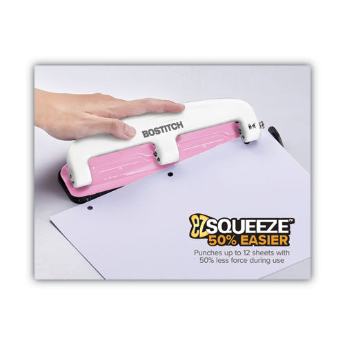 Image of Bostitch® 12-Sheet EZ Squeeze InCourage Three-Hole Punch, Breast Cancer Awareness, 9/32" Holes, Pink