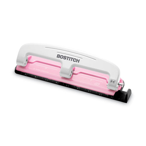 Image of Bostitch® 12-Sheet EZ Squeeze InCourage Three-Hole Punch, Breast Cancer Awareness, 9/32" Holes, Pink