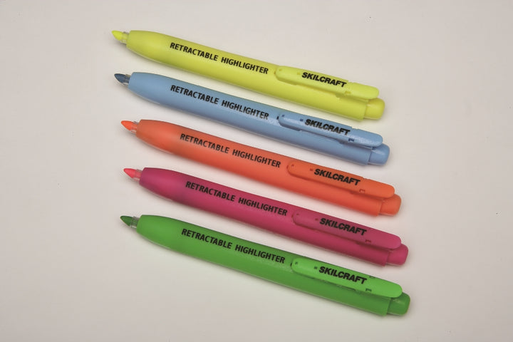Image of Retractable Chisel Tip Highlighter, 5 Color Set, Blue, Green, Orange, Pink & Yellow Ink
