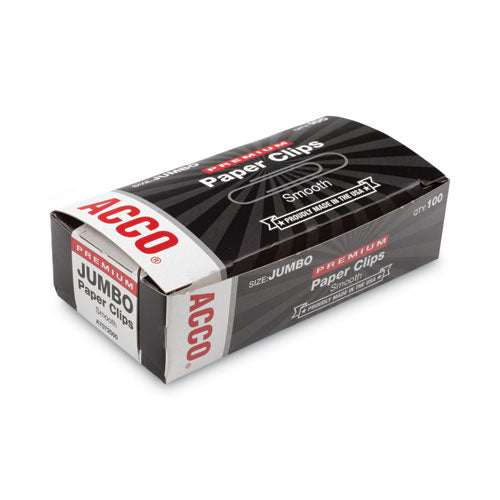 Image of ACCO Premium Heavy-Gauge Wire Paper Clips, Jumbo, Smooth, Silver, 100 Clips/Box, 10 Boxes/Pack