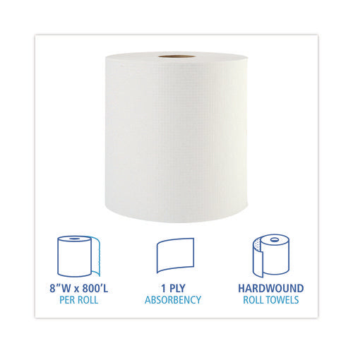 Image of Boardwalk® Hardwound Paper Towels, 1-Ply, 8" x 800 ft, White, 6 Rolls/Carton