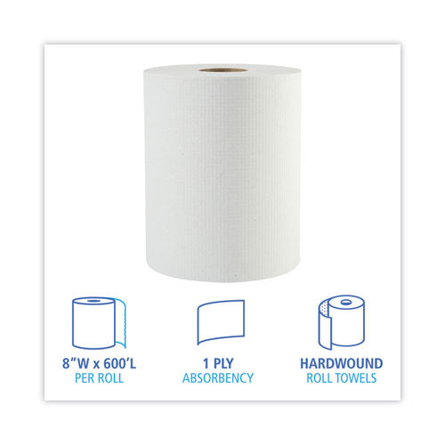 Image of Boardwalk® Hardwound Paper Towels, 1-Ply, 8" X 600 Ft, White, 2" Core, 12 Rolls/carton