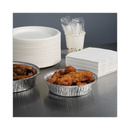 Image of Boardwalk® Round Aluminum To-Go Containers, 250 Gauge, 24 oz, 7" Diameter x 1.47" h, Silver, 500/Carton