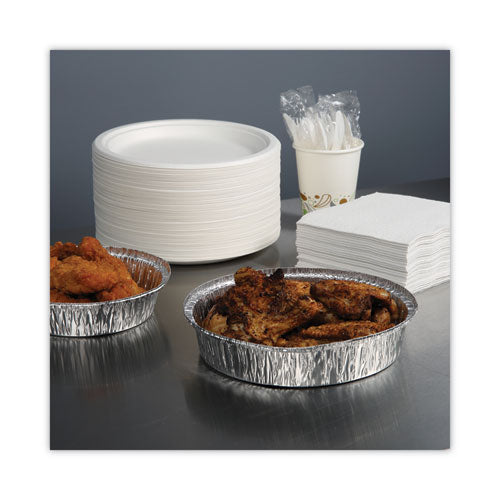 Image of Boardwalk® Round Aluminum To-Go Containers, 300 Gauge, 48 oz, 9" Diameter x 1.66" h, Silver, 500/Carton
