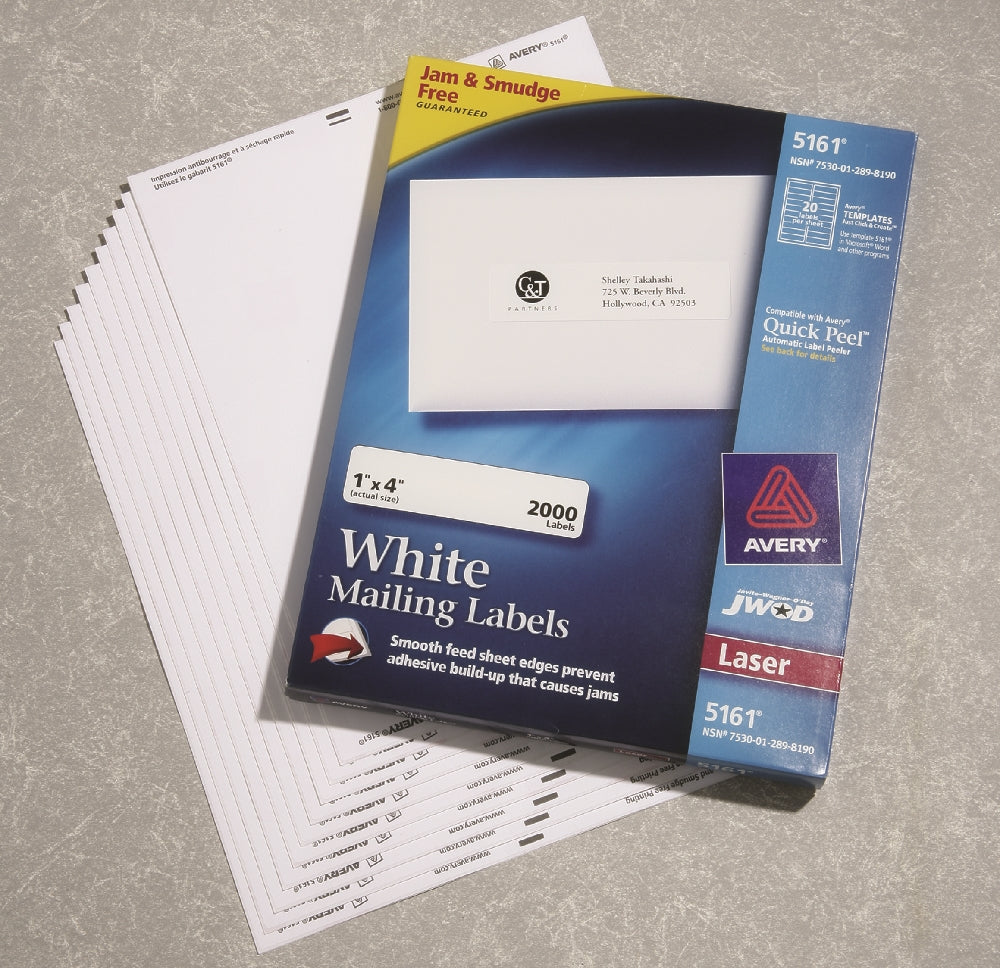 Image of Skilcraft/Avery White Laser Labels, Easypeel, 1" x 4", 20/Sheet, 2000 Labels