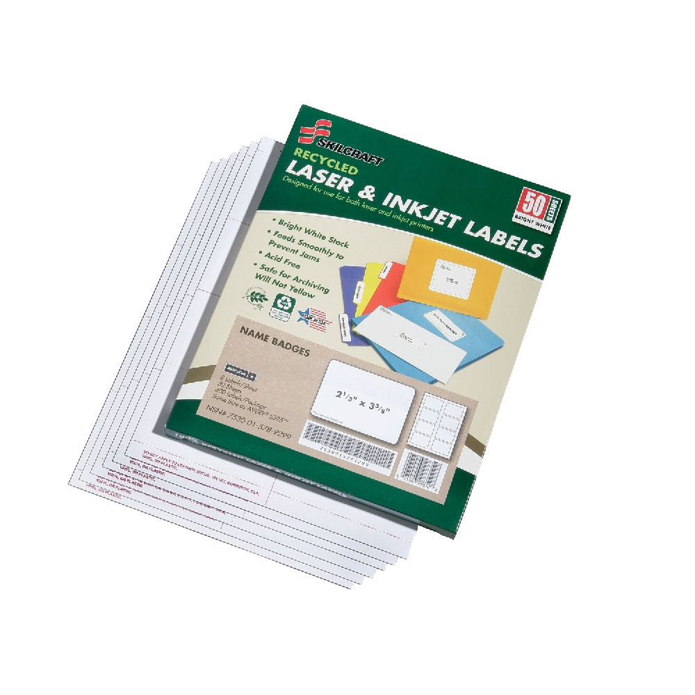 Image of Recycled Laser and Inkjet Labels, Name Badges, 2-1/3" x 3-3/8", 8/Sheet, 400 Badges