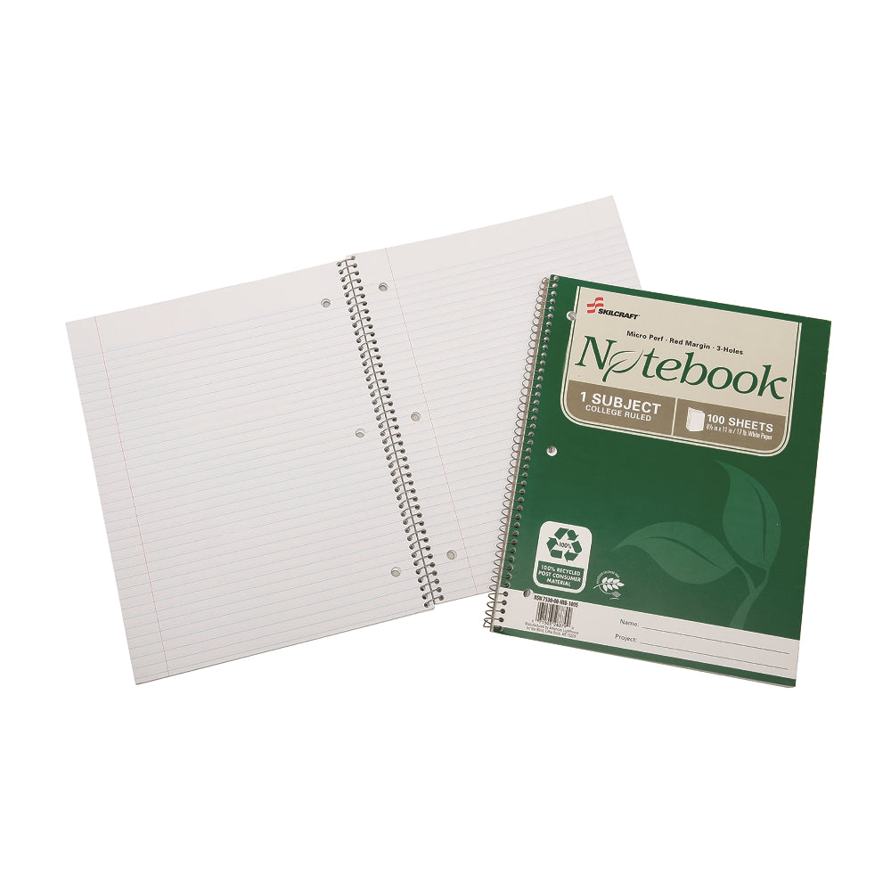 Image of Skilcraft 100% Post-Consumer Recycled Spiral Notebooks and Steno Pads, College Ruled, 11" x 8-1/2" - 80 Sheets