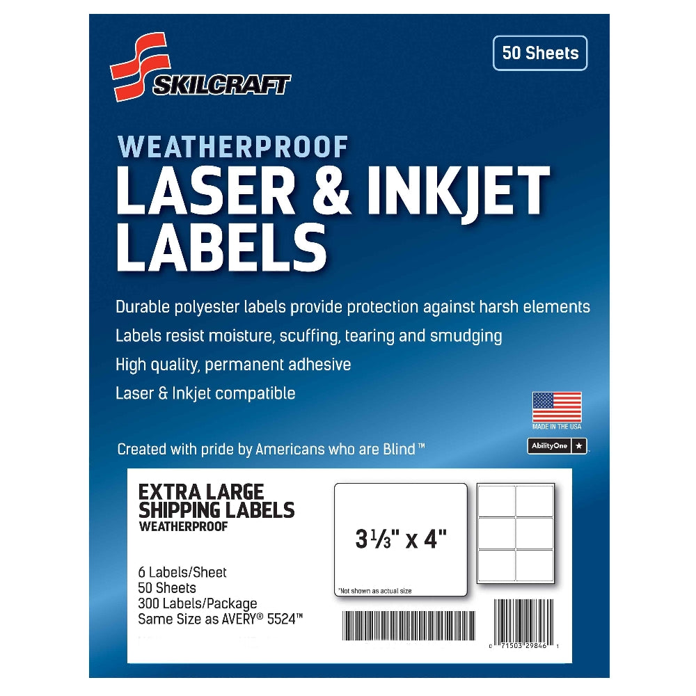 Image of Weatherproof Laser and Inkjet Labels, Extra Large Shipping, 3-1/3" x 4", 6/Sheet, 300 Labels