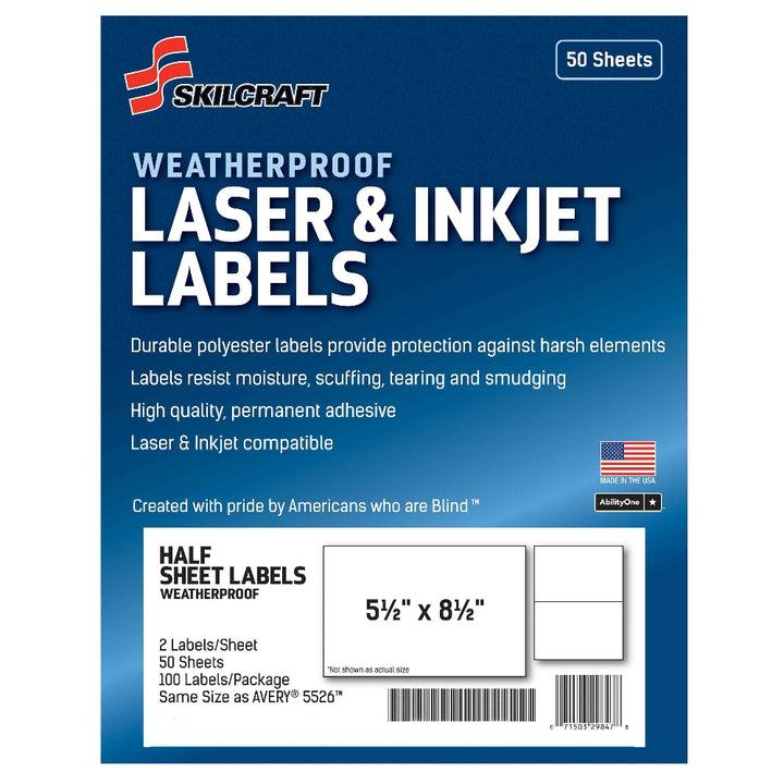 Image of Weatherproof Laser and Inkjet Labels, Half Sheet, 5-1/2" x 8-1/2", 2/Sheet, 100 Labels