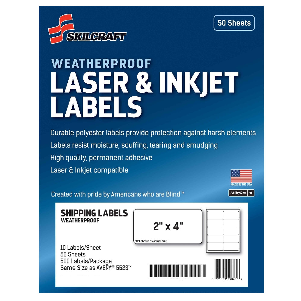 Image of Weatherproof Laser and Inkjet Labels, Shipping, 2" x 4", 10/Sheet, 500 Labels