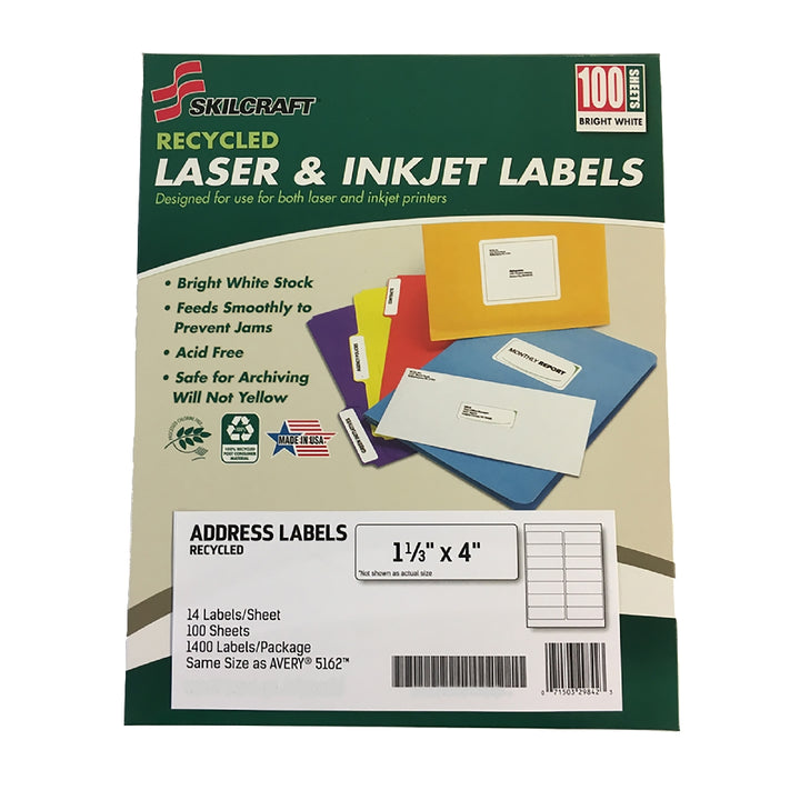 Image of Recycled Laser and Inkjet Labels, Address and Shipping, 1-1/3" x 4", 14/Sheet, 1400 Labels