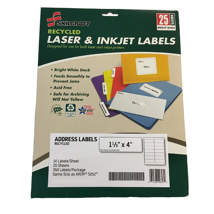 Image of Recycled Laser and Inkjet Labels, Address and Shipping, 1-1/3" x 4", 14/Sheet, 350 Labels