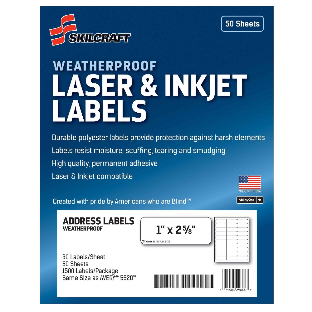Image of Weatherproof Laser and Inkjet Labels, Address, 1" x 2-5/8", 30/Sheet, 1500 Labels