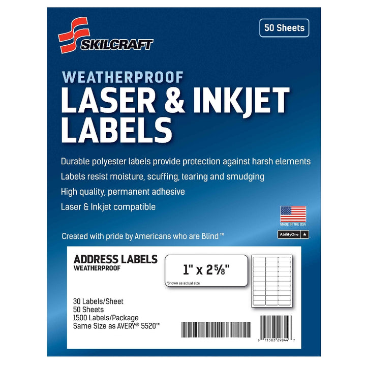 Image of Weatherproof Laser and Inkjet Labels, Address, 1" x 2-5/8", 30/Sheet, 1500 Labels