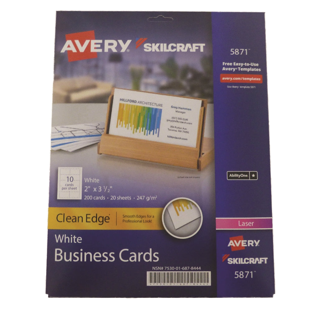 Image of Skilcraft/Avery Clean Edge Business Cards, Uncoated, Two-Sided Printing, 2" x 3-1/2", 10/Sheet, 200 Cards