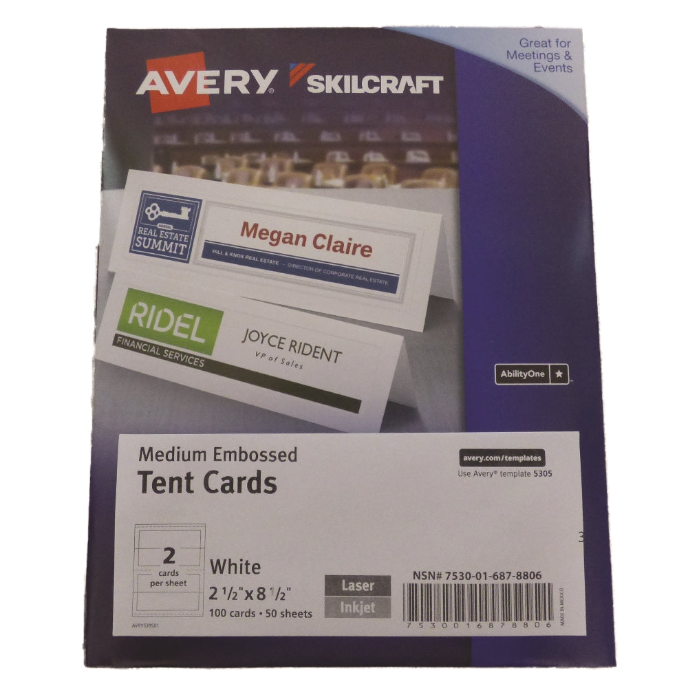 Image of Skilcraft/Avery Tent Cards, Uncoated, Embossed, Two-Sided Printing, Medium 2-1/2" x 8-1/2", 2/Sheet, 100 Cards