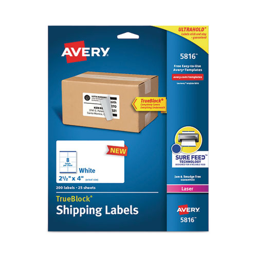 Image of Avery® Shipping Labels with TrueBlock Technology, Laser Printers, 2.5 x 4, White, 8/Sheet, 25 Sheets/Pack