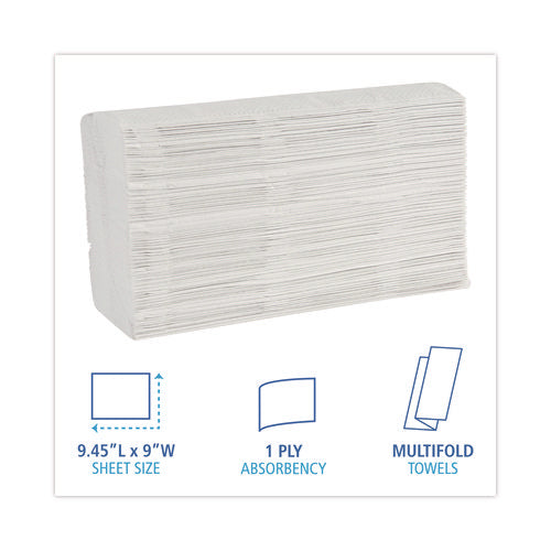 Image of Boardwalk® Multifold Paper Towels, 1-Ply, 9 x 9.45, White, 250 Towels/Pack, 16 Packs/Carton