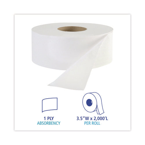 Image of Boardwalk® JRT Jr. Bath Tissue, Jumbo, Septic Safe, 1-Ply, White, 3.3" x 2,000 ft, 12/Carton