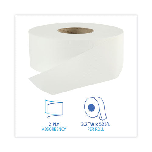 Image of Boardwalk® Jumbo Roll Bathroom Tissue, Septic Safe, 2-Ply, White, 3.2" X 525 Ft, 12 Rolls/carton