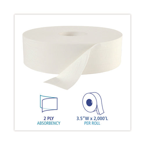 Image of Boardwalk® JRT Bath Tissue, Jumbo, Septic Safe, 2-Ply, White, 3.5" x 2,000 ft, 12" dia, 6 Rolls/Carton