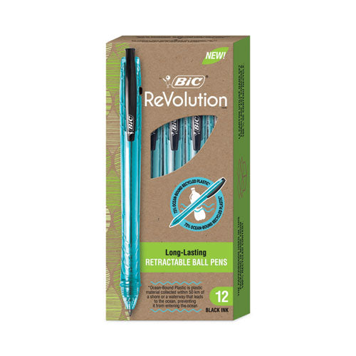 Image of BIC® ReVolution Ocean Bound Ballpoint Pen, Retractable, Medium 1 mm, Black Ink, Translucent Blue Barrel, Dozen