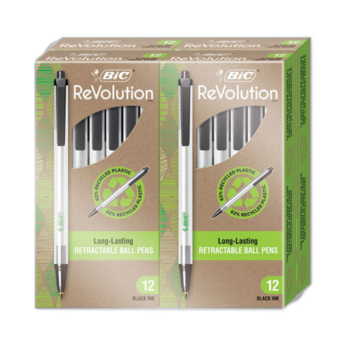 Image of BIC® ReVolution Clic Stic Ballpoint Pen, Retractable, Medium 1 mm, Black Ink, Translucent Frost/Black Barrel, 48/Pack